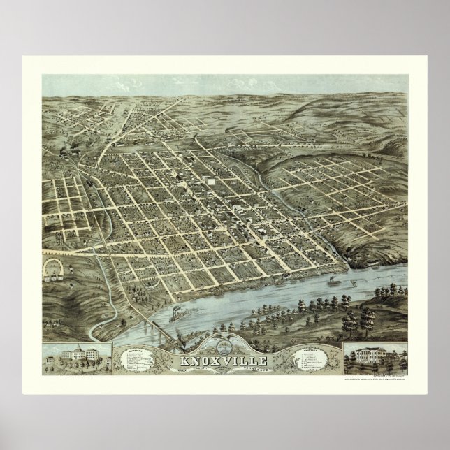 Pôster Knoxville, Mapa Panorâmico TN - 1871 (Frente)