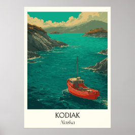 Poster Kodiak Alaska Coastal Town Red Boat