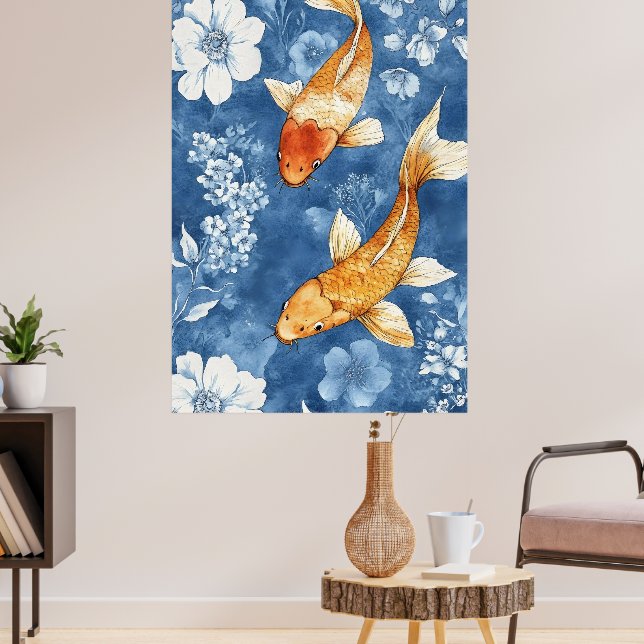 Poster  koi fish and the deep indigo blue of the floral  (Sala de Estar 3)