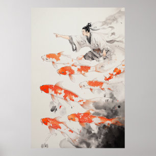 Poster Koi Fishes Chinês Drawing