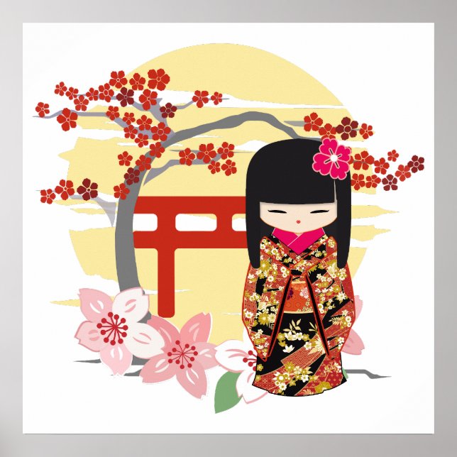 Poster Kokeshi Doll Floral Kimono (Frente)