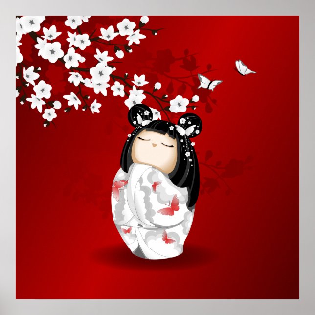 Poster Kokeshi Doll Red Black White Cherry Blossoms (Frente)
