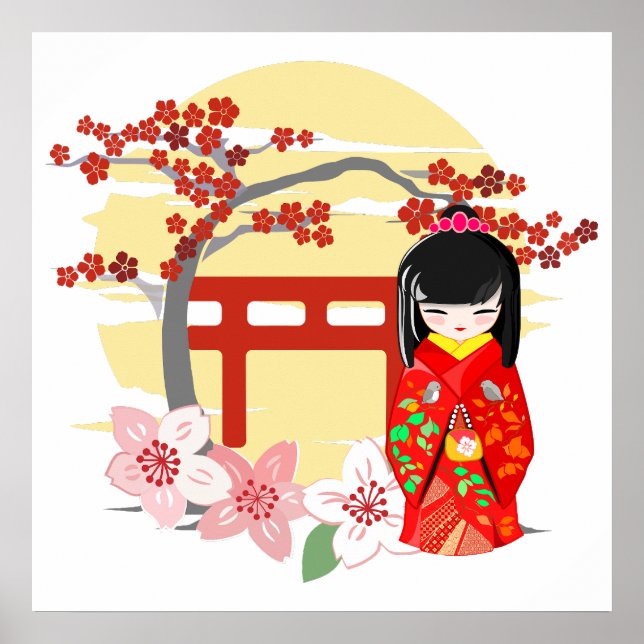 Poster Kokeshi Doll Red Kimono (Frente)