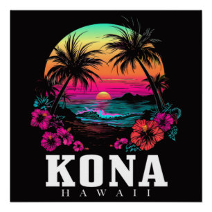 Pôster Kona Havaí Flor de Hibisco Havaiano Surfista