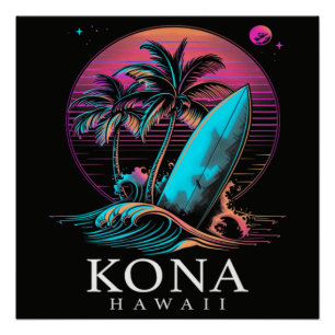 Pôster Kona Havaí Prancheta de Surf Havaiana Vintage