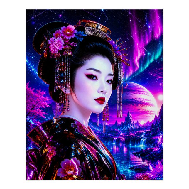 Pôster Kosmische Geisha im Neon‑Traumland (Frente)