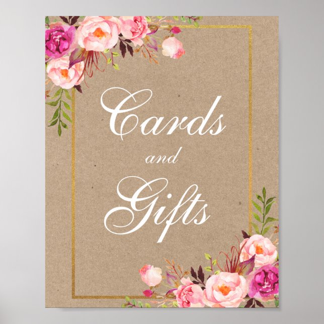 Poster Kraft Pink Floral Gold Wedding Cards Gifts (Frente)