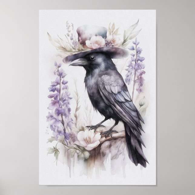 Poster Krähe Rabe Crow mit Hut und Blumen Watercolor (Frente)