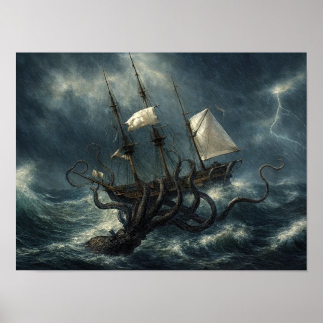Poster Kraken Atacando Navio Steampunk (Frente)