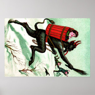 Pôster Krampus perseguindo crianças ruins neve de invern