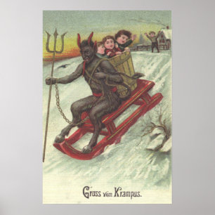Poster Krampus sequestrando crianças com forcado de trenó