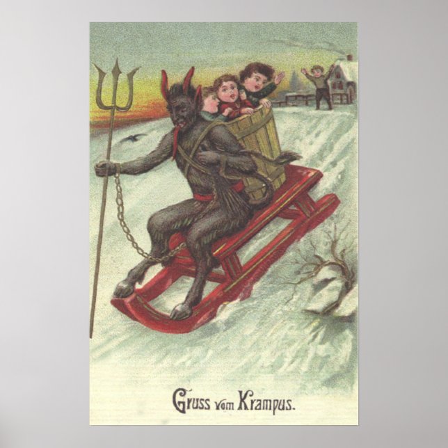 Poster Krampus Sequestrando Crianças Em Sleigh Pitchfork (Frente)