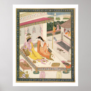 Poster Krishna e Radha em uma cama em um palácio do