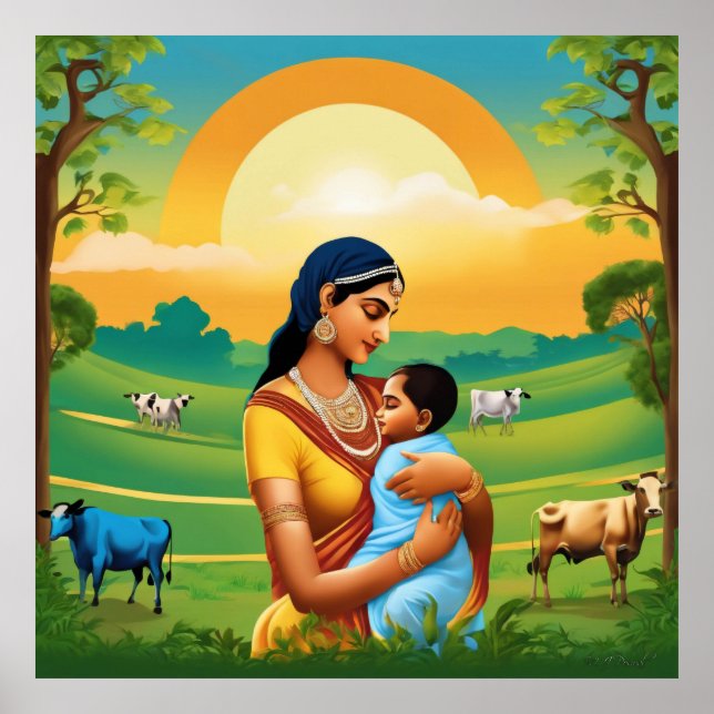 Poster Krishna e Yashoda Indian Mythological Art Impressã (Frente)