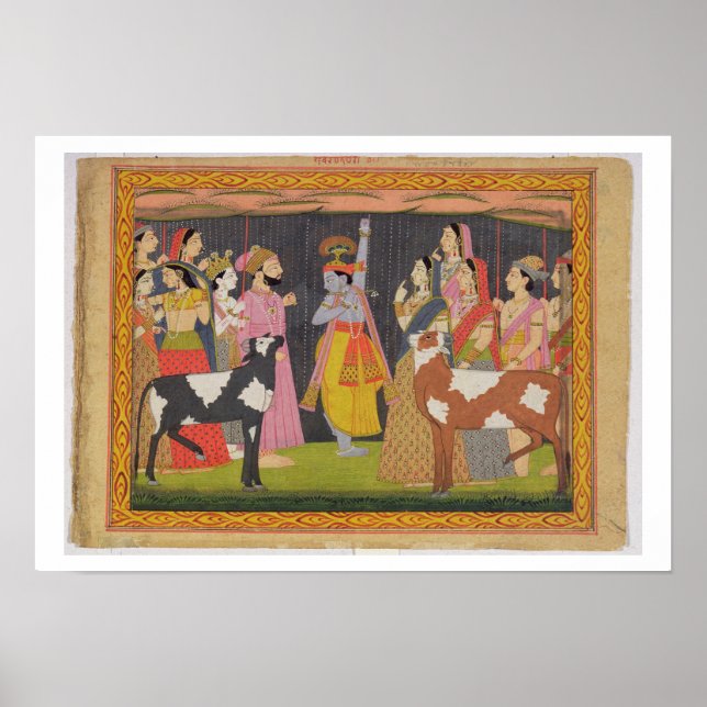 Pôster Krishna levantando o Monte Govardhana, de Bhagav (Frente)