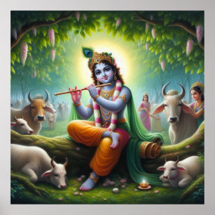 Poster Krishna Tocando Flauta sob a Árvore Kadamba