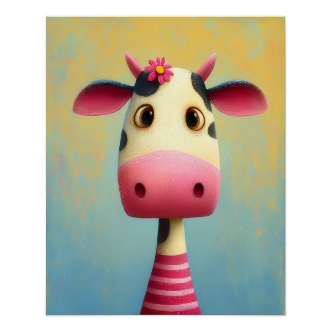 Pôster Kuh Portrait mit Blumen - rosa gestreift - Cartoon (Frente)