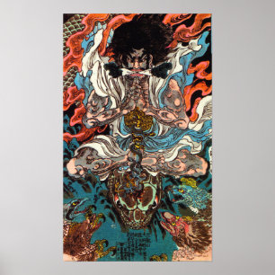 Poster Kuniyoshi O guerreiro asiático samurai andando cob