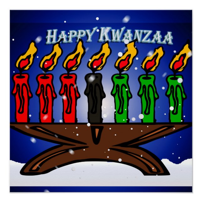 Pôster Kwanzaa Candle Kinara com Neve e Saudação (Frente)
