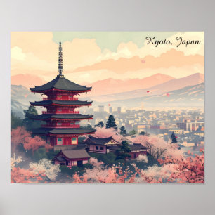 Poster Kyoto Japão Flor de Cerejeira Templo Arte – Sapur
