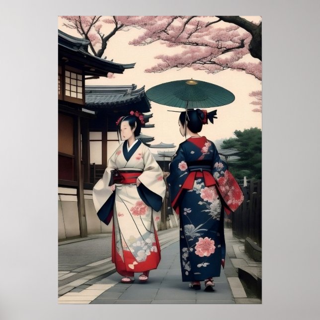 Poster Kyoto Spring Walk Wall Art – Kimono Scene (Frente)