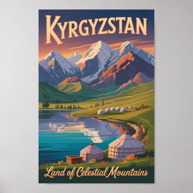 Poster Kyrgyzstan Mountains Illustration Travel Art Vinta (Frente)