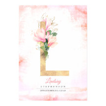 L Monograma de Letra Folhas de Ouro Flor de Magnól