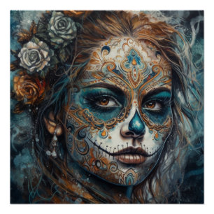 Pôster La Catrina Azul Dia de los Muertos Crânio de Açúca