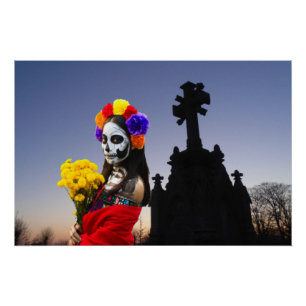 Pôster La Catrina no cemitério no Halloween