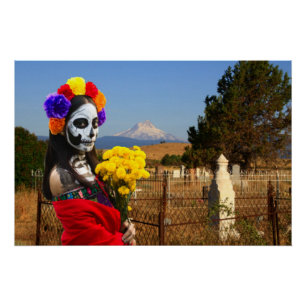 Pôster La Catrina no cemitério no Halloween