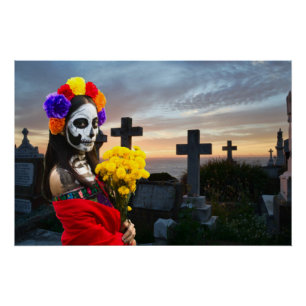 Pôster La Catrina no cemitério no Halloween
