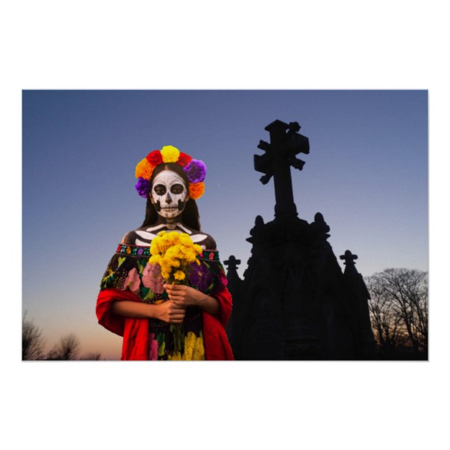 Pôster La Catrina no cemitério no Halloween (Frente)