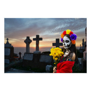 Pôster La Catrina no cemitério para o Halloween