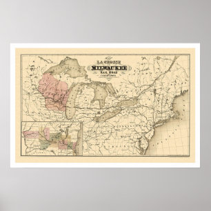 Poster La Crosse & mapa 1855 da estrada de ferro de