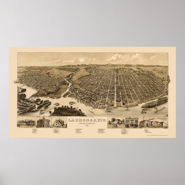 Pôster La Crosse, Mapa Panorâmico da I - 1887 (Frente)