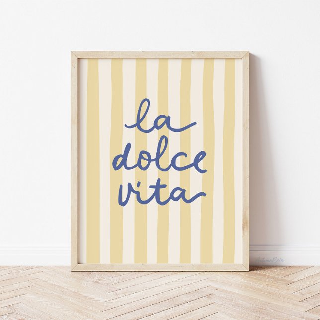 Poster La Dolce Vita Mediterrânica Positano (La Dolce Vita print in yellow and blue with doodle script)