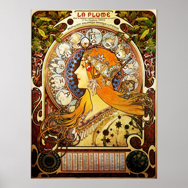 Poster LA PLUME ZODIAC por Alphonse Mucha Art Nouveau (Frente)