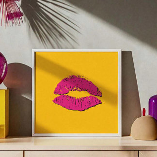 Poster Lábios Beijando Amarelo e Rosa Choque