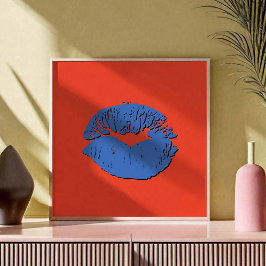 Poster Lábios Beijando Laranja e Azul
