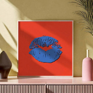 Poster Lábios Beijando Laranja e Azul