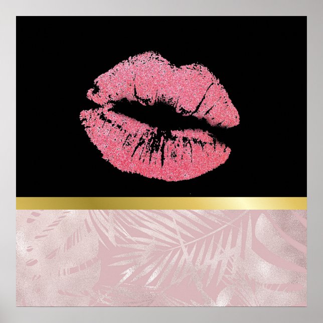 Poster Lábios brilhantes cor-de-rosa e folhas tropicais D (Frente)