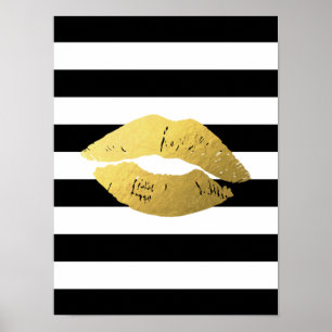 Poster Lábios Dourados com faixas brancas pretas