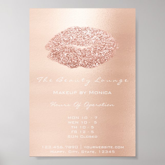 Poster Lábios Makeup Artist Glitter Beauty Rosa Dourado (Frente)