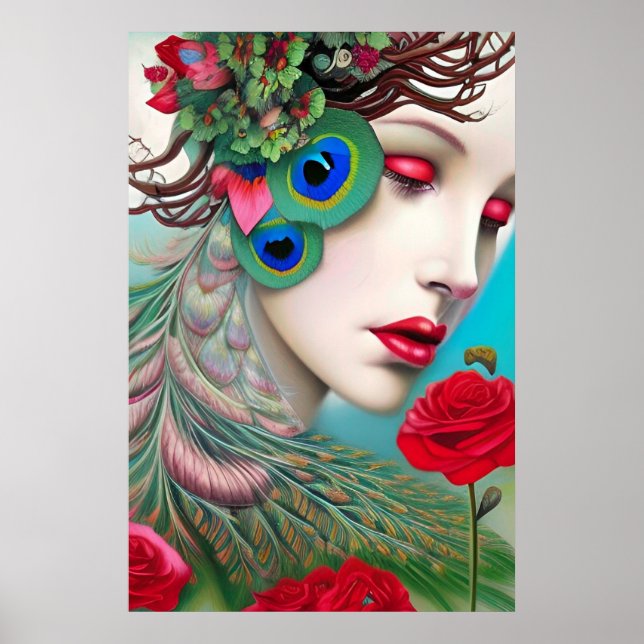 Poster Lábios vermelhos e Rosa de Peacock (Frente)