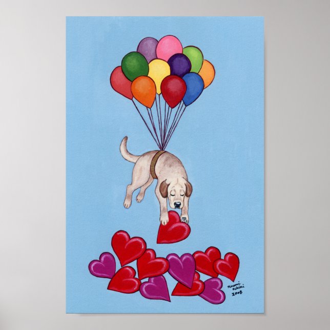 Poster Labrador Amarelo Coleta Corações (amor) Trabalho d (Frente)