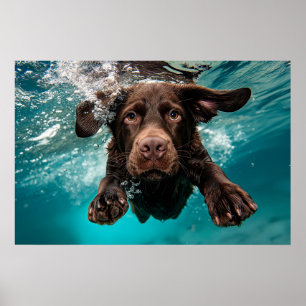 Poster Labrador Chocolate Brincalhão Nadando Submerso