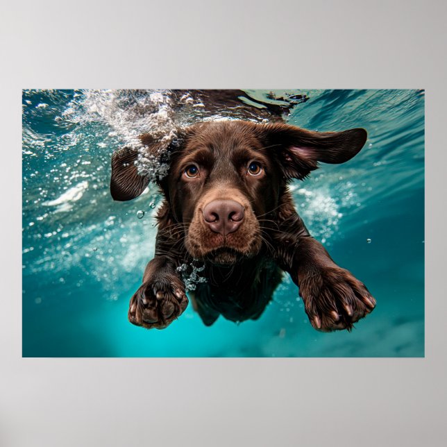 Poster Labrador Chocolate Brincalhão Nadando Submerso (Frente)