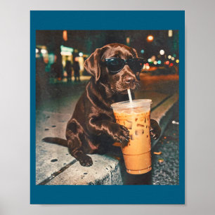 Poster Labrador chocolate engraçado bebendo café gelado a