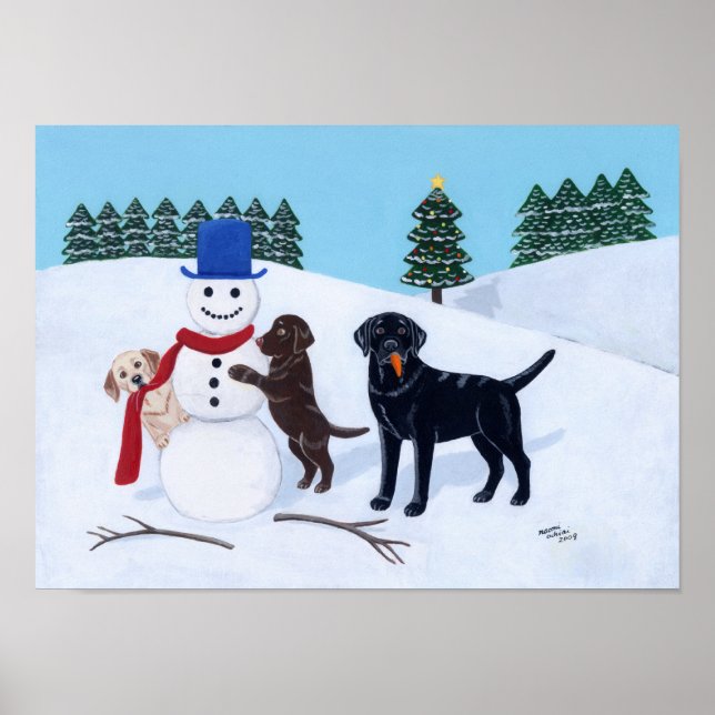 Pôster Labrador Christmas com Snowman Trabalho de arte (Frente)