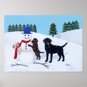 Pôster Labrador Christmas with Snowman Artwork
